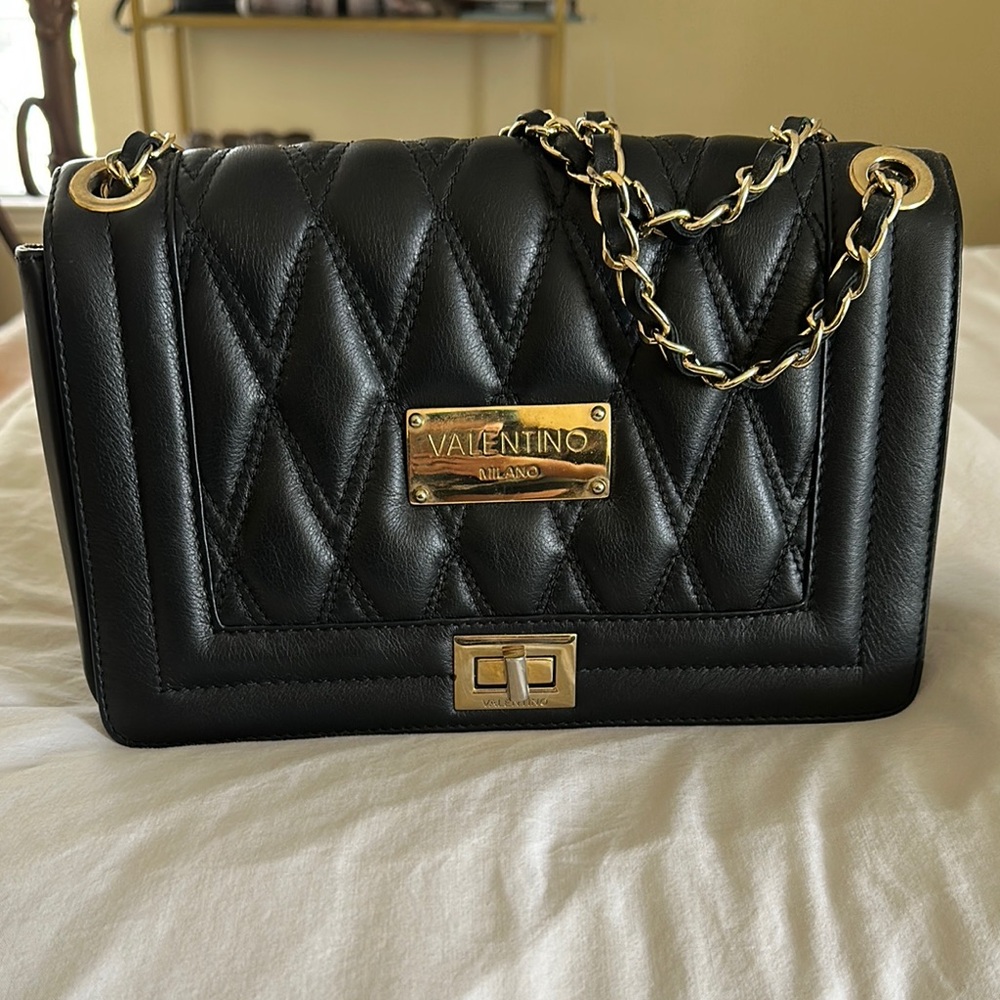 Valentino Black Quilted Shoulder Bag with Gold Accents